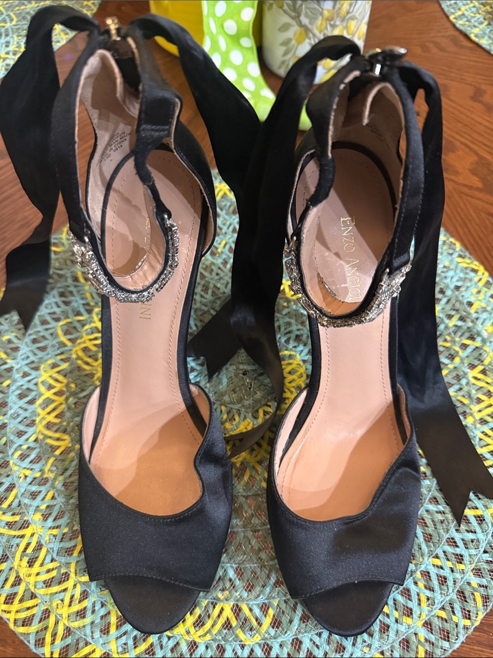 Enzo Angiolini Black Satin Open-Toe Ankle-Tie Heels with Crystal Buckles